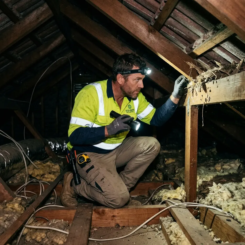Technician inspecting a roof cavity for a dead animal in Altona North