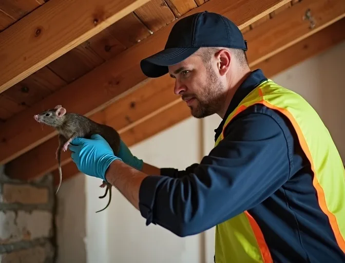 Technician inspecting a roof cavity for a dead rat in Altona North